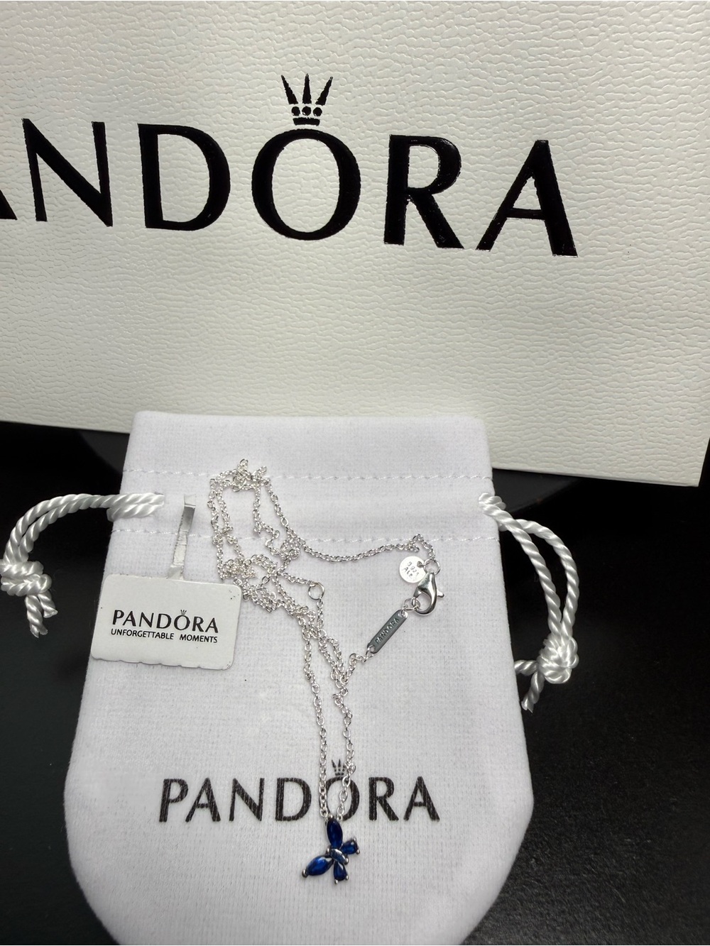 Pandora S925 Blue Crystal Butterfly Necklace Dainty Silver Chain Gift Ready